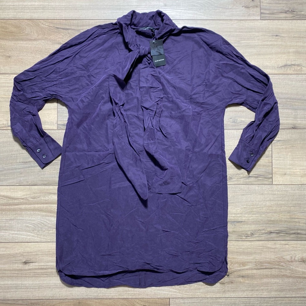 Club Monaco Women's Tie Neck Long Sleeve Dress Size 0 Purple‎ Curved Hem